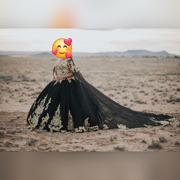 Prom Wedding Quinceañera Black Gold Ball Gown Iridescent gems detachable cape - Picture 3 of 10